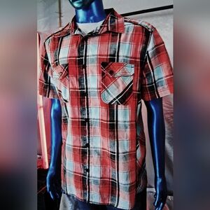 Helix Western Shirt Mens XL Button Up Short Sleeve Plaid Red White Sky Blue